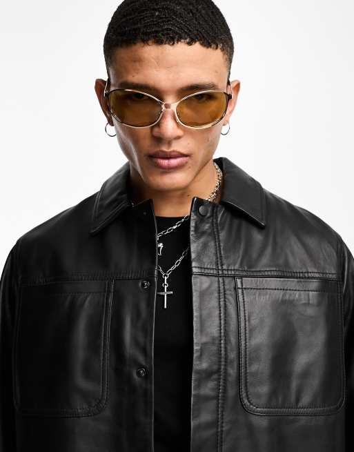 ASOS DESIGN cropped real leather harrington jacket in black, 3 of 4