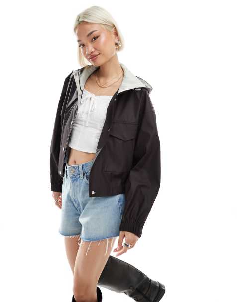 ASOS DESIGN - Cropped regenjack met capuchon in bruin contrast - view 1