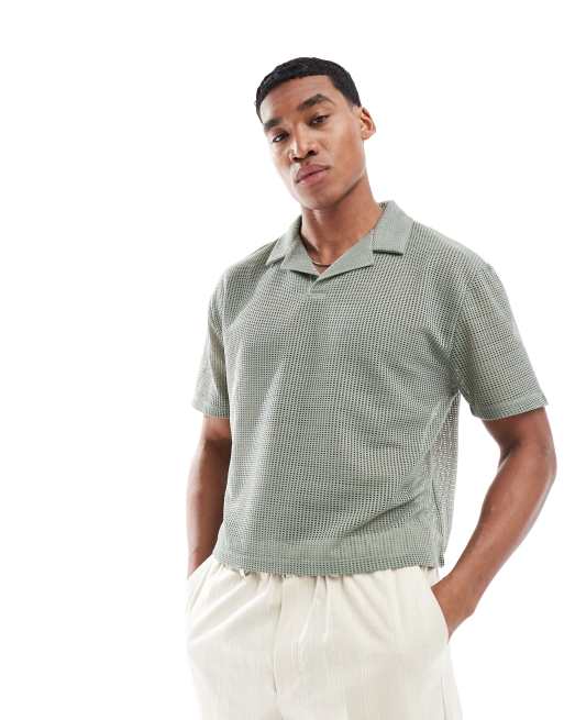 ASOS DESIGN cropped relaxed polo in green open mesh
