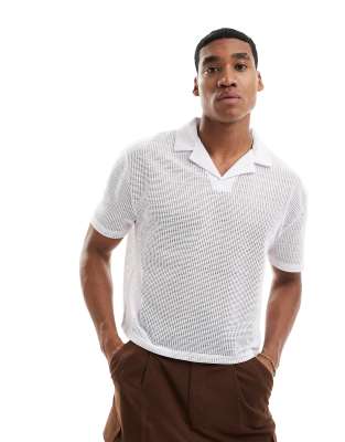 Asos Design Cropped Relaxed Polo In White Open Mesh