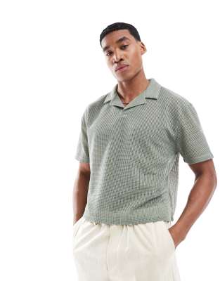 Asos Design Cropped Relaxed Polo Shirt In Green Open Mesh