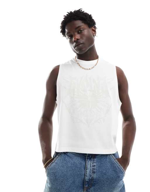 ASOS DESIGN cropped relaxed singlet in white with grunge front print