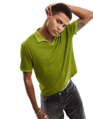 ASOS DESIGN cropped revere polo in green jacquard