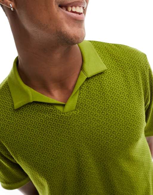 ASOS DESIGN cropped revere polo in green jacquard