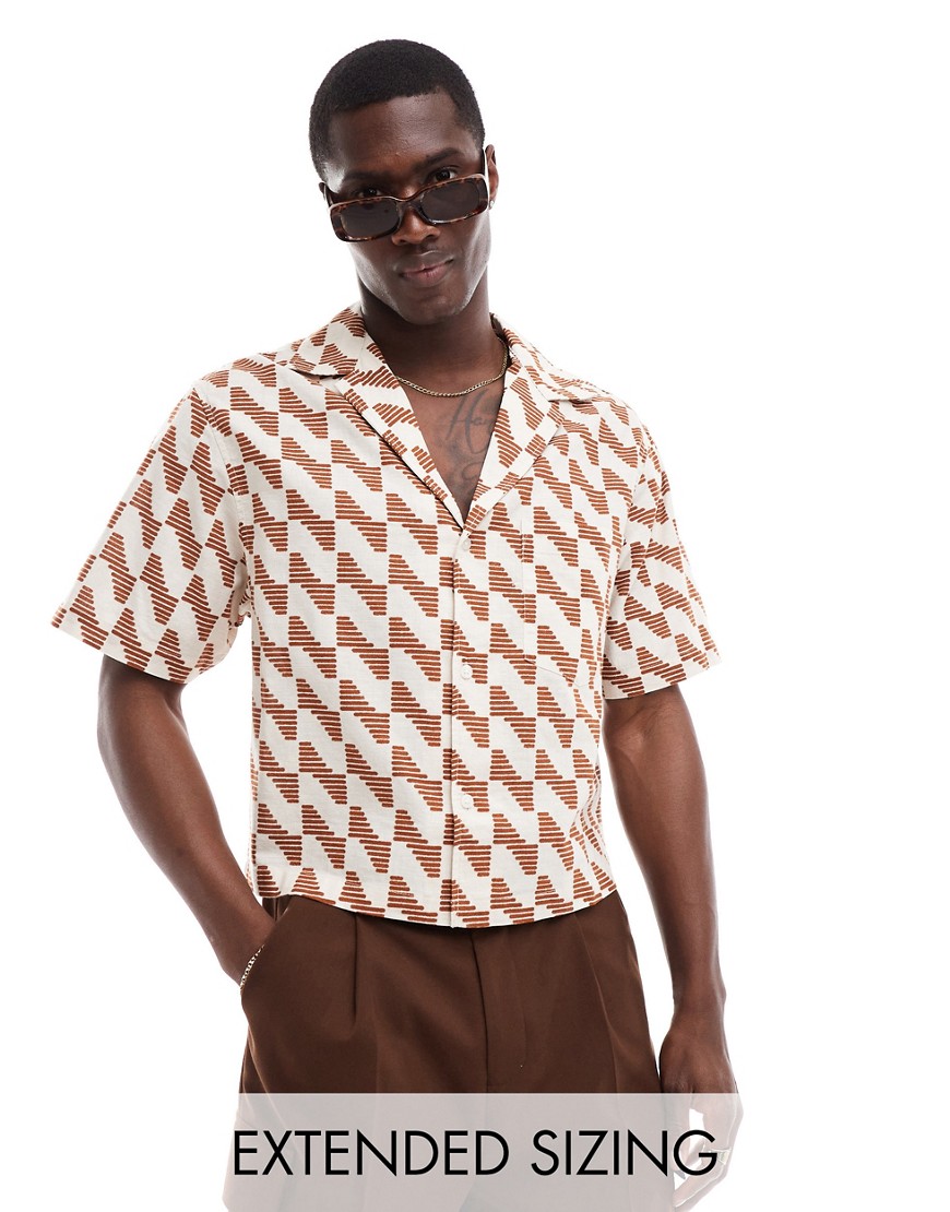 ASOS DESIGN cropped revere shirt in dash geo print-Brown