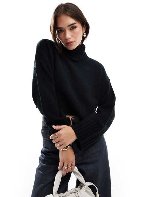 ASOS DESIGN cropped roll neck jumper in black