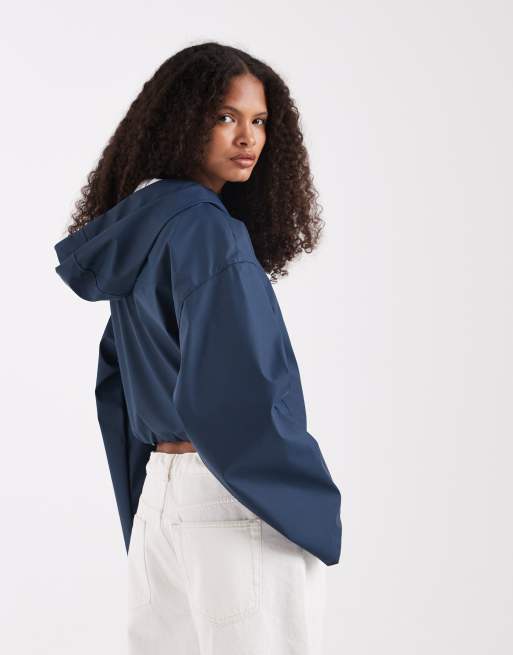 ASOS DESIGN cropped rubberised rain jacket with hood in navy, 4 of 4