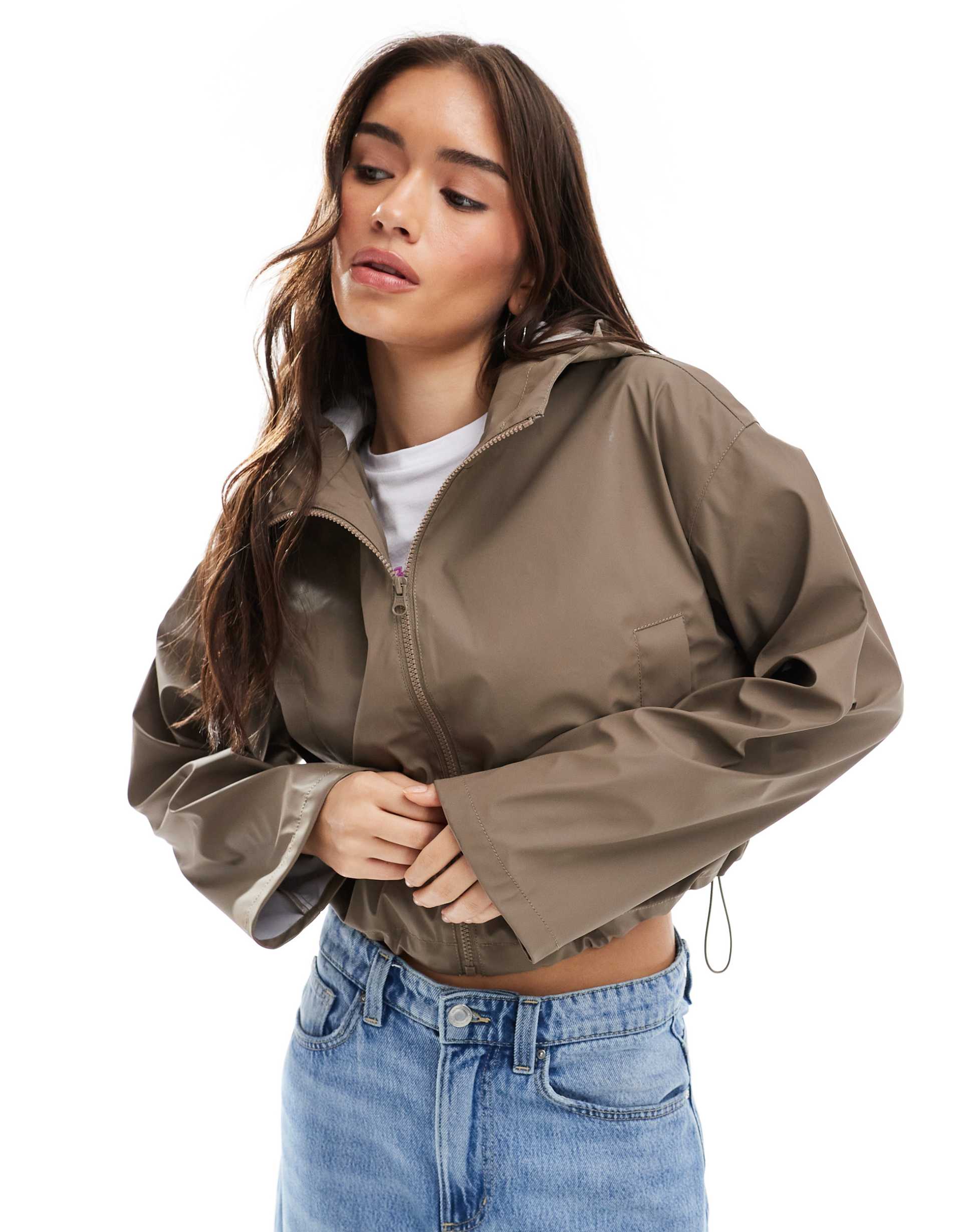 asos design cropped rubberized rain jacket with hood in mushroom