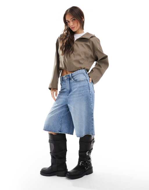 ASOS DESIGN cropped rubberized rain jacket with hood in mushroom