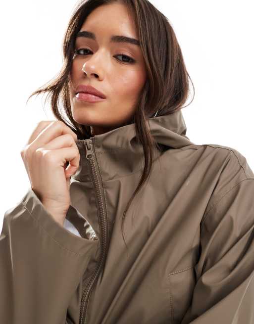 ASOS DESIGN cropped rubberized rain jacket with hood in mushroom