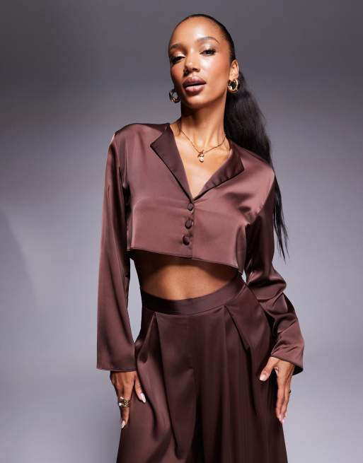 ASOS DESIGN - Cropped satijnen overhemd in bruin, deel van co-ord set