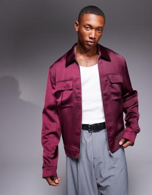 cropped satin harrington jacket in burgundy-Red