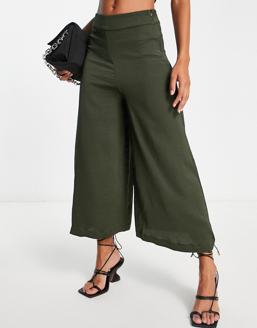 Asos Design Cropped Satin Pants In Khaki-green