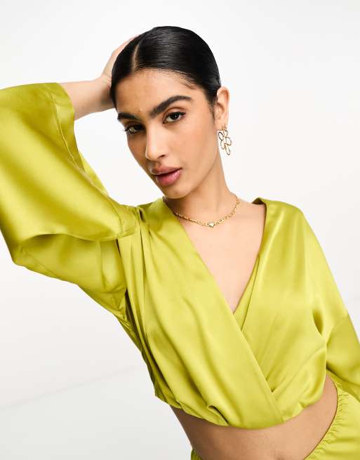 ASOS DESIGN cropped satin shirt & bias maxi skirt co-ord in chartreuse