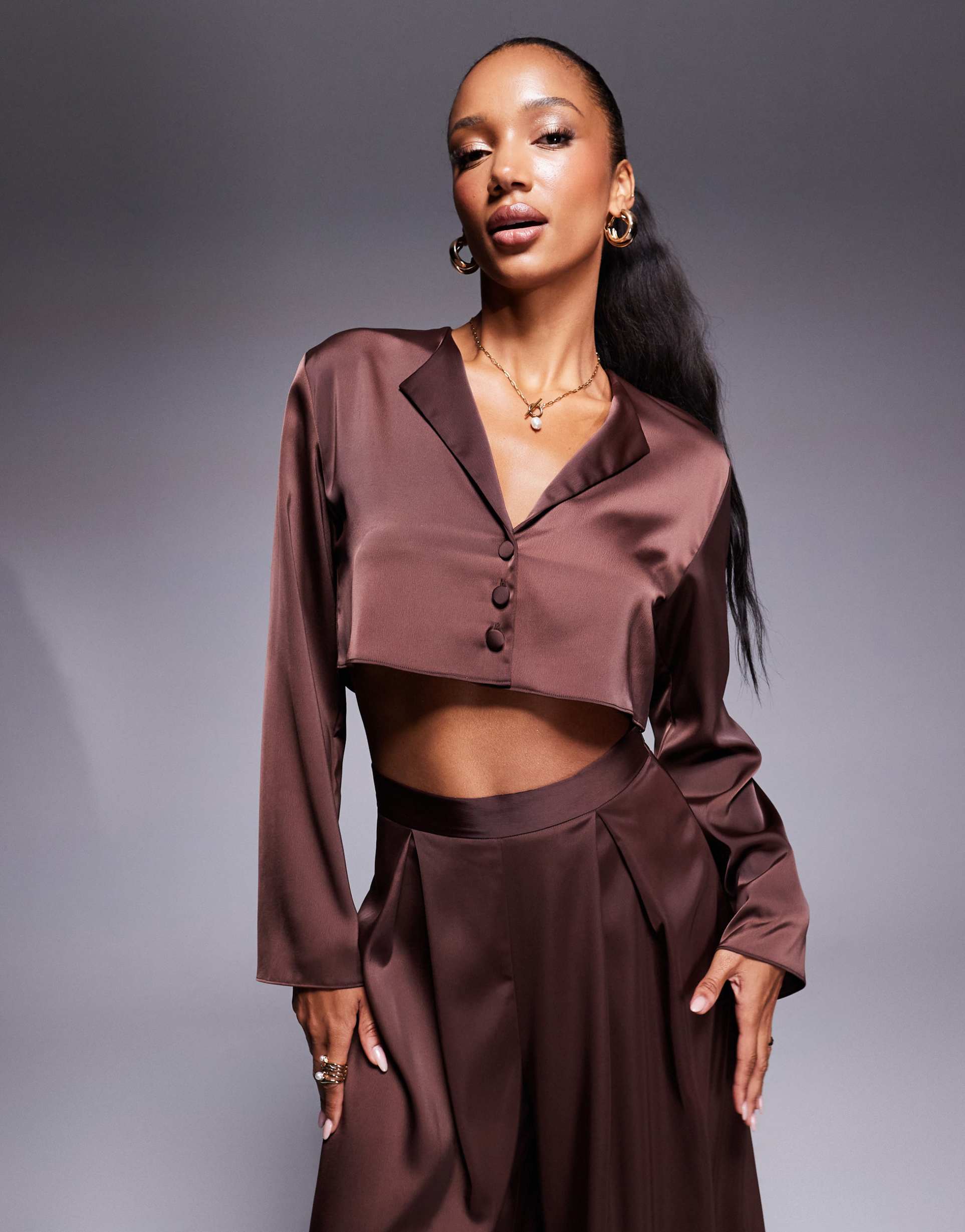 asos design cropped satin shirt in brown - part of a set