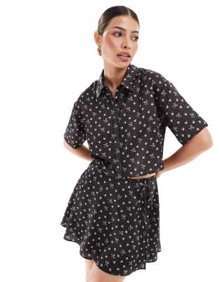 Asos Design - Cropped Satinskjorte Med Sløjfeprint - Del Af'sæt-Multifarvet