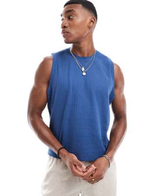 Asos Design Cropped Seersucker Tank In Blue