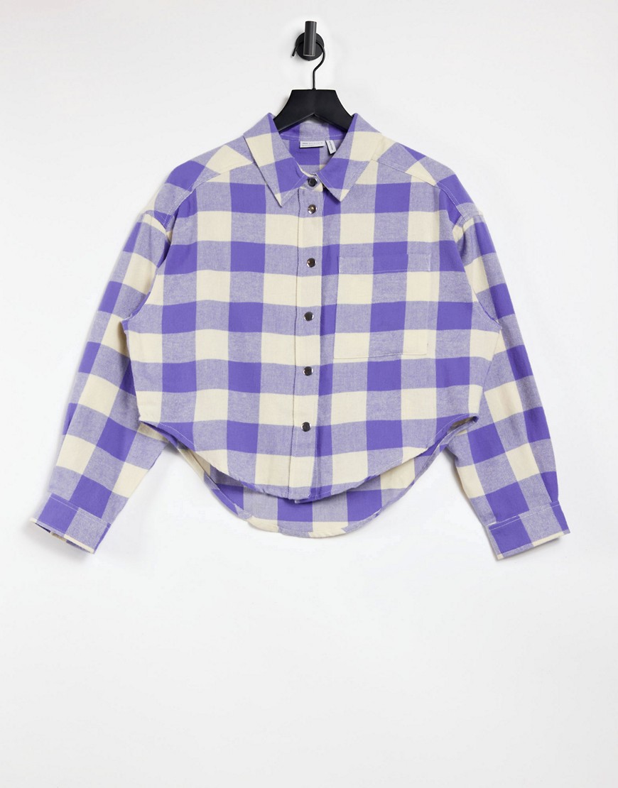 ASOS DESIGN cropped shacket with snaps down front in lilac plaid-Multi