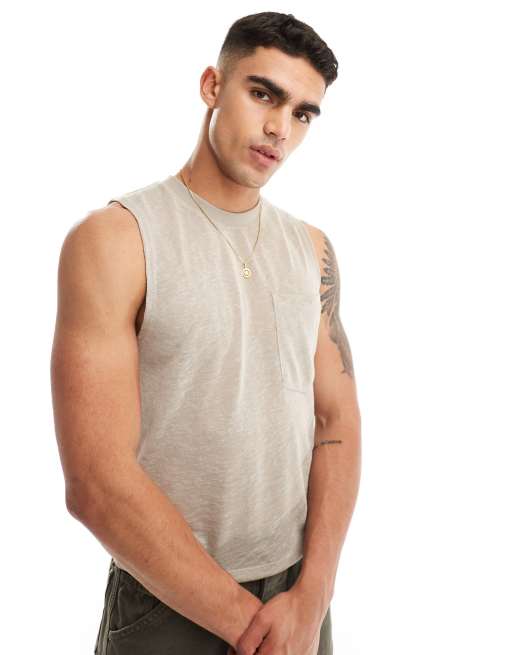 ASOS DESIGN cropped sheer singlet with front pocket in stone