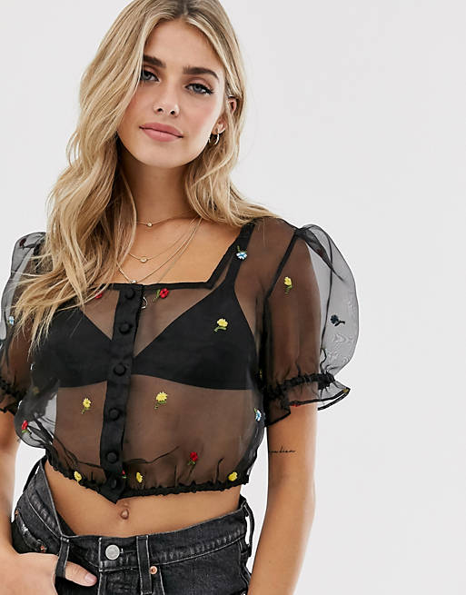 ASOS DESIGN cropped sheer top with floral embroidery