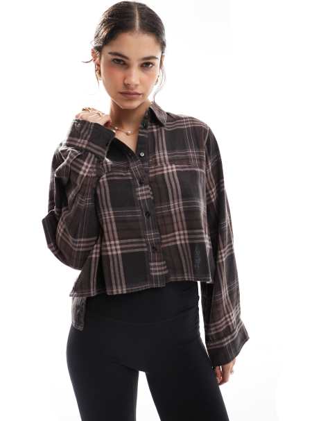 ASOS DESIGN cropped shirt in brown check - view 1