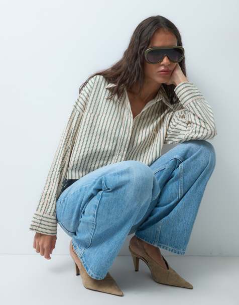 ASOS DESIGN cropped shirt in stone stripe - view 1