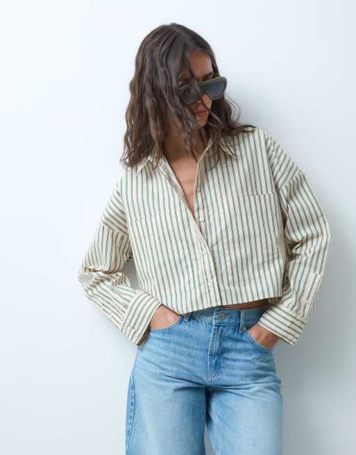 ASOS DESIGN cropped shirt in stone stripe, 2 of 7