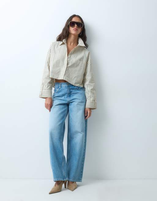 ASOS DESIGN cropped shirt in stone stripe, 3 of 7