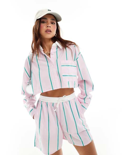 ASOS DESIGN cropped shirt with contrast collar in pink stripe (part of a set)