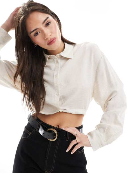 ASOS DESIGN cropped shirt with cuffed hem in linen mix fabric in natural - view 1