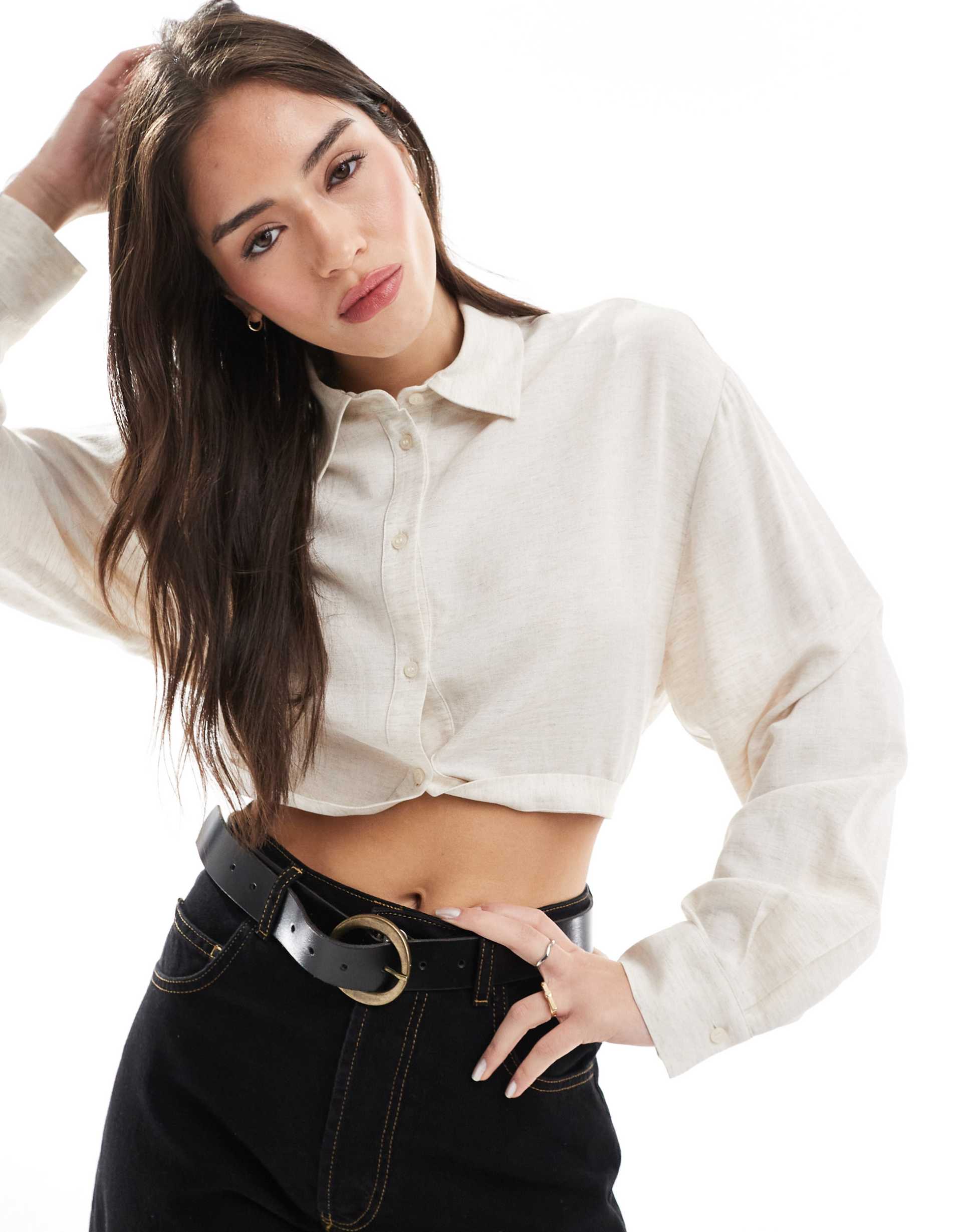 asos design cropped shirt with cuffed hem in linen mix fabric in natural
