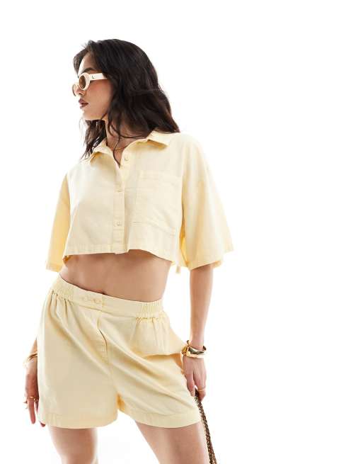 ASOS DESIGN cropped shirt with linen in washed buttermilk - part of a set
