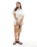 [ASOS DESIGN] ASOS DESIGN cropped shirt with palm tree embroidery in white (part of a set)-Green 4 Olive