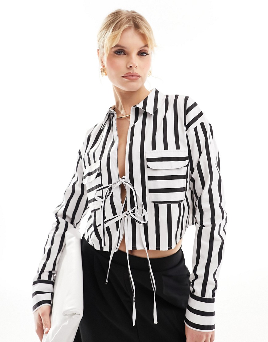 ASOS DESIGN cropped shirt with tie front in mono stripe-Multi
