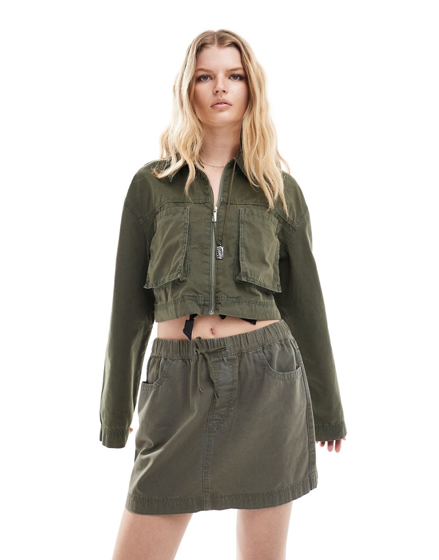 ASOS DESIGN cropped shirt with utility pockets in washed khaki co-ord-Green
