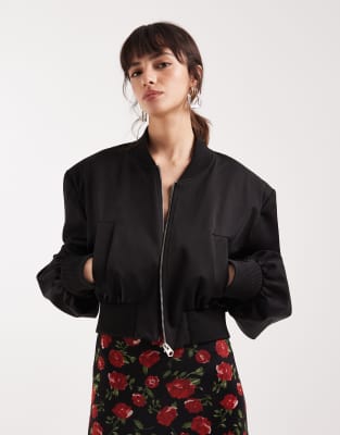 Asos Design Cropped Shoulder Pad Bomber Jacket In Black