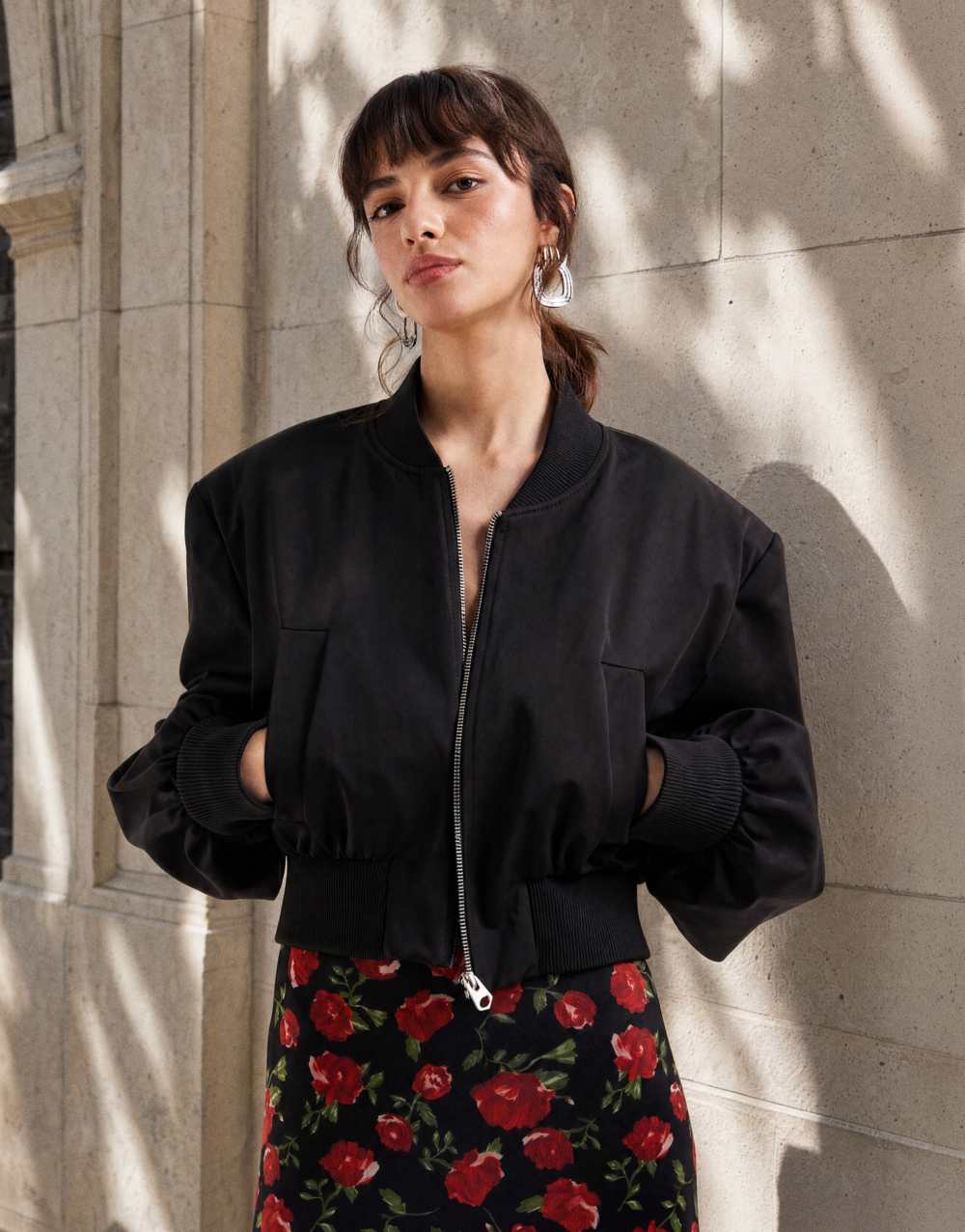 ASOS DESIGN cropped shoulder pad bomber jacket in black