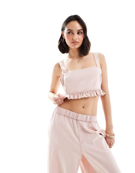 ASOS DESIGN cropped singlet with shirred panels with linen look in washed pink (part of a set)