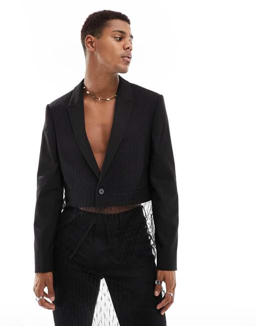 ASOS DESIGN - Cropped skinny-habitjakke med mesh-overlag i sort