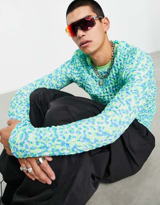 ASOS DESIGN cropped skinny long sleeve t-shirt in blue and green texture