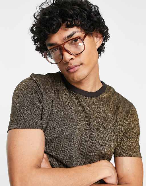 ASOS DESIGN cropped skinny t-shirt in gold texture with contrast neck and cuffs