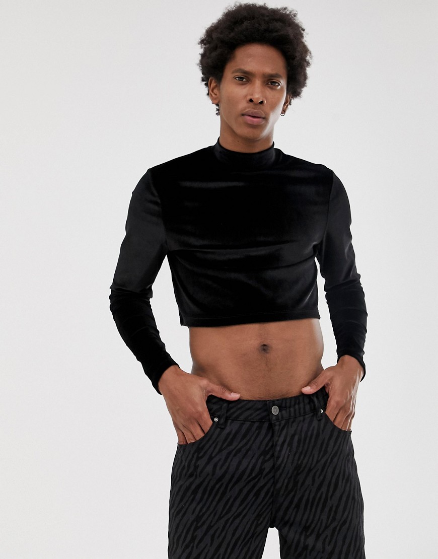 ASOS DESIGN - Cropped skinny T-shirt van velours met col-Zwart
