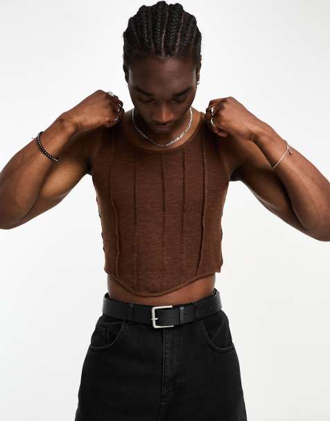ASOS DESIGN cropped skinny tank top in brown with corset detail - view 1