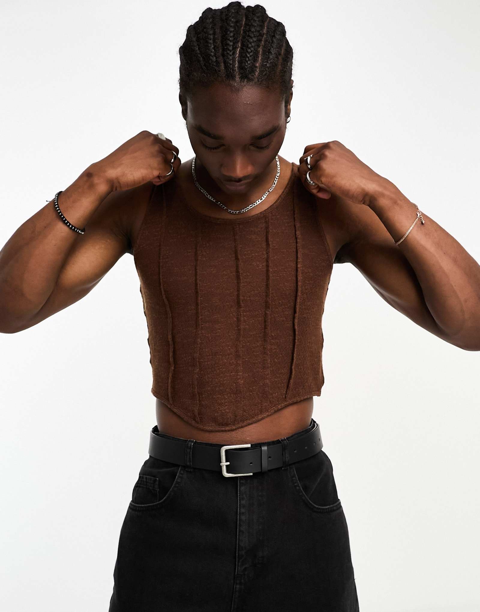 ДИЗАЙНЕРСКИЙ укороченный облегающий топ на бретелях ASOS коричневого цвета с корсетом