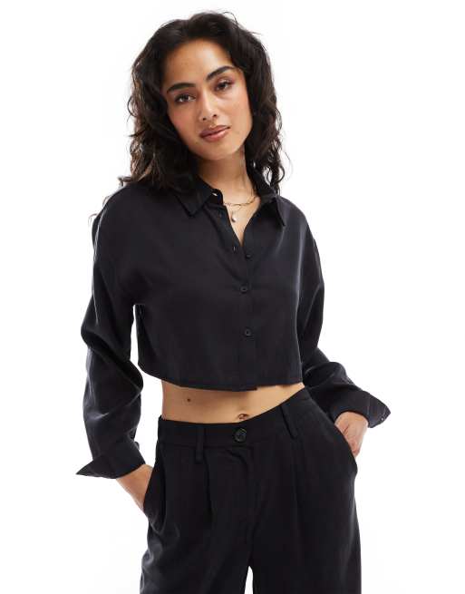 ASOS DESIGN - Cropped skjorte i forvasket sort - Del af sæt
