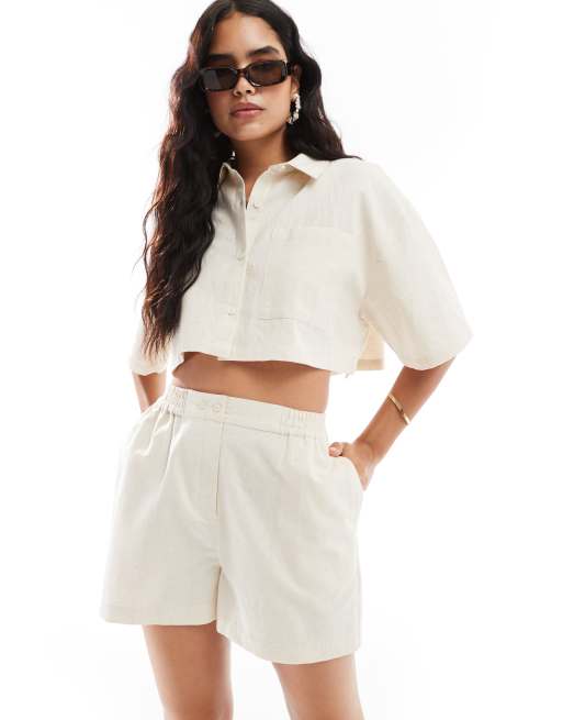 ASOS DESIGN - Cropped skjorte i neutralt hørlook - Del af sæt