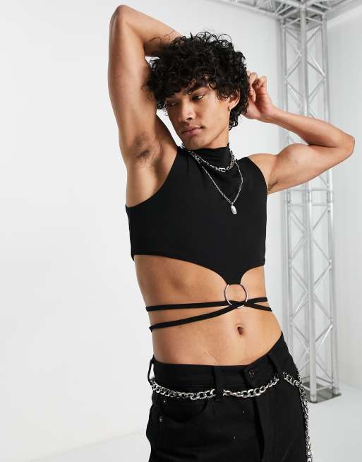 ASOS DESIGN - Cropped slå-om-top med rullekrave i sort