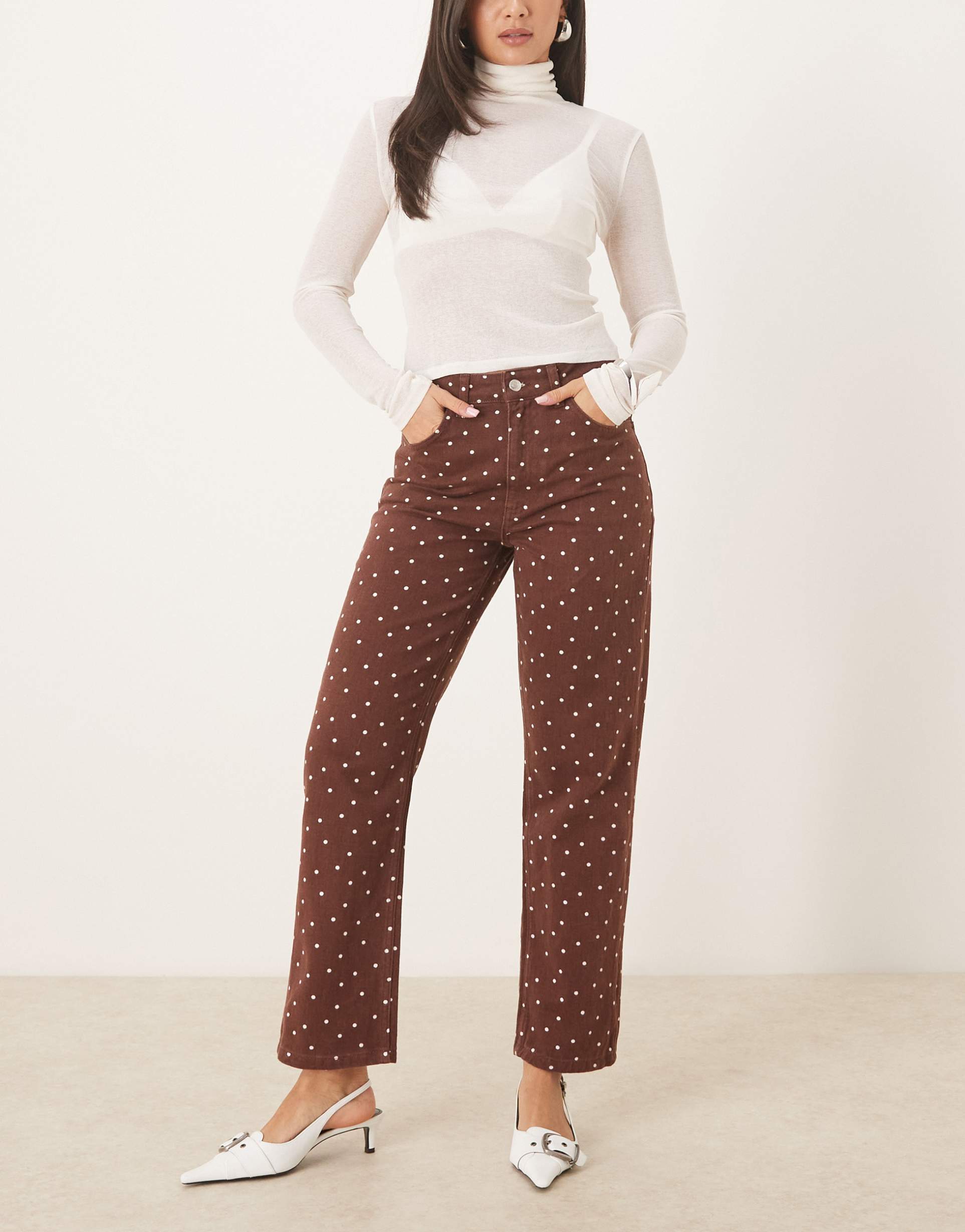 asos design cropped slim leg jeans in brown micro polka dots