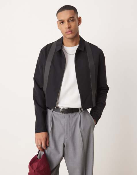 ASOS DESIGN cropped slim smart harrington jacket with pu trim in black - part of a set - view 1