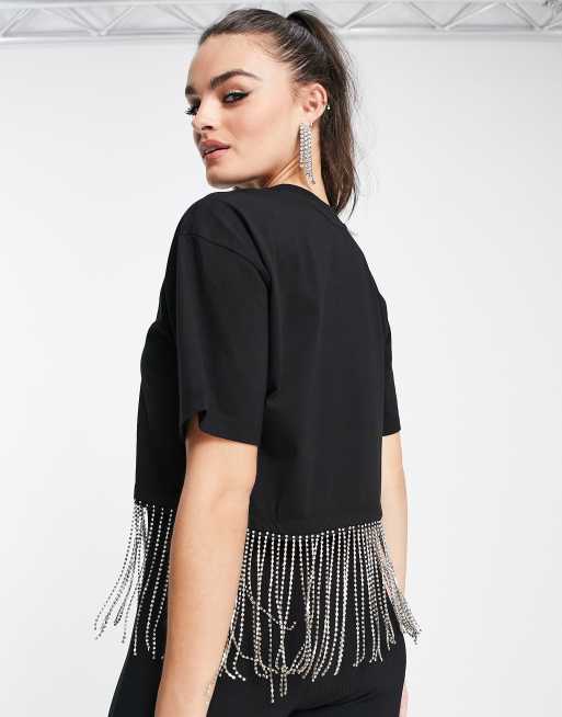 ASOS DESIGN - Cropped sort T-shirt med rhinstens-frynser ved kanten, 2 af 4